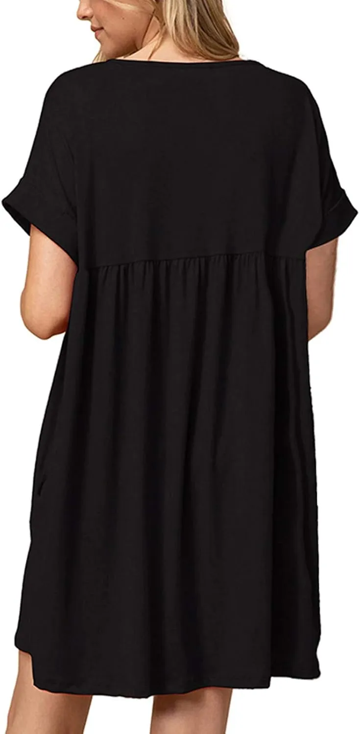 Jayscreate Women's Baby Doll Dress Summer Casual Tunic Pleated Flowy Swing Short Sleeve Black V Neck Mini Dress