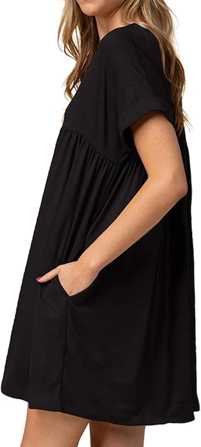 Jayscreate Women's Baby Doll Dress Summer Casual Tunic Pleated Flowy Swing Short Sleeve Black V Neck Mini Dress