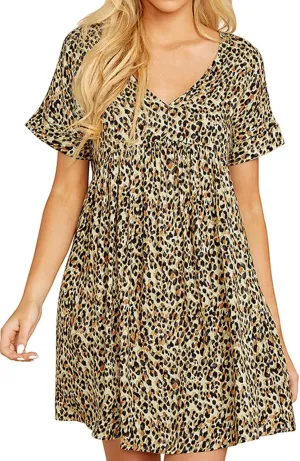 Jayscreate Women's Baby Doll Dress Summer Casual Tunic Pleated Flowy Swing Short Sleeve Black V Neck Mini Dress