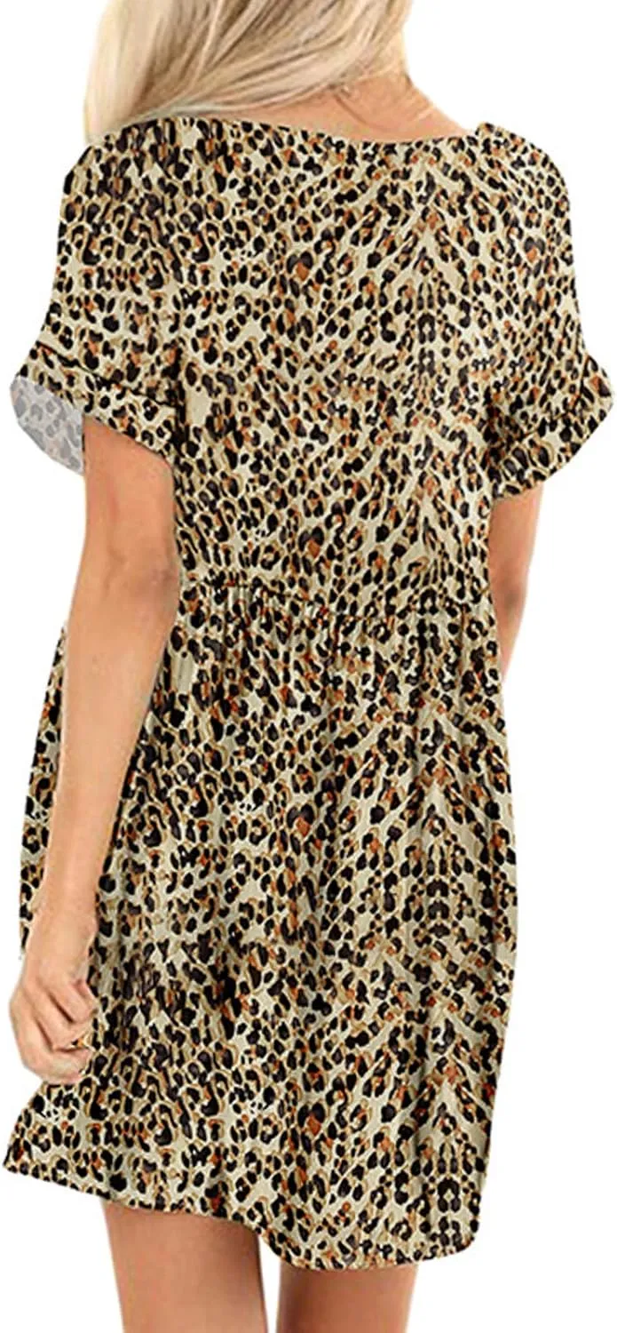 Jayscreate Women's Baby Doll Dress Summer Casual Tunic Pleated Flowy Swing Short Sleeve Black V Neck Mini Dress
