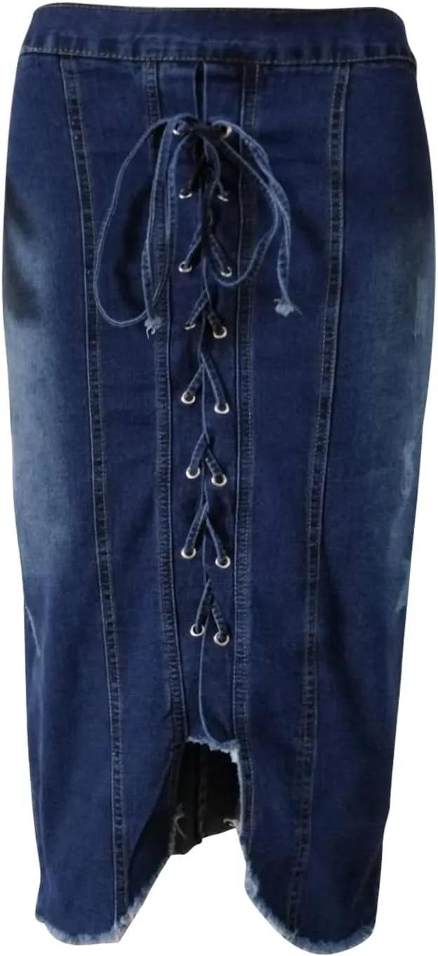 Jean Skirt for Women Slim Fit Lace Up Front Bodycon Denim Skirt Summer Solid Color Casual Loose Jean Midi Skirts