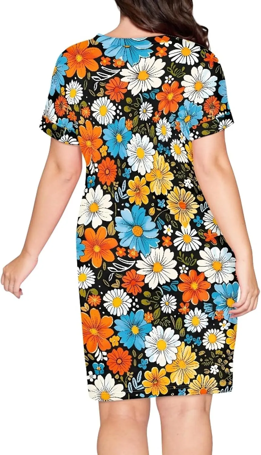 JooMeryer Women's Plus Size Pink Flamingo V-Neck Short Sleeve Summer Midi Tunic Dress