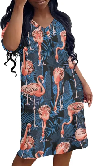 JooMeryer Women's Plus Size Pink Flamingo V-Neck Short Sleeve Summer Midi Tunic Dress