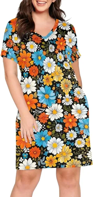 JooMeryer Women's Plus Size Pink Flamingo V-Neck Short Sleeve Summer Midi Tunic Dress