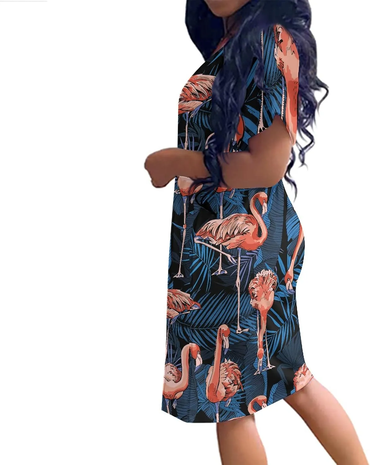 JooMeryer Women's Plus Size Pink Flamingo V-Neck Short Sleeve Summer Midi Tunic Dress