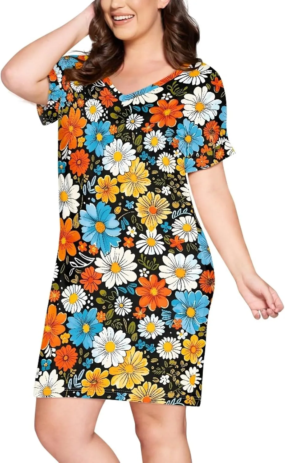 JooMeryer Women's Plus Size Pink Flamingo V-Neck Short Sleeve Summer Midi Tunic Dress
