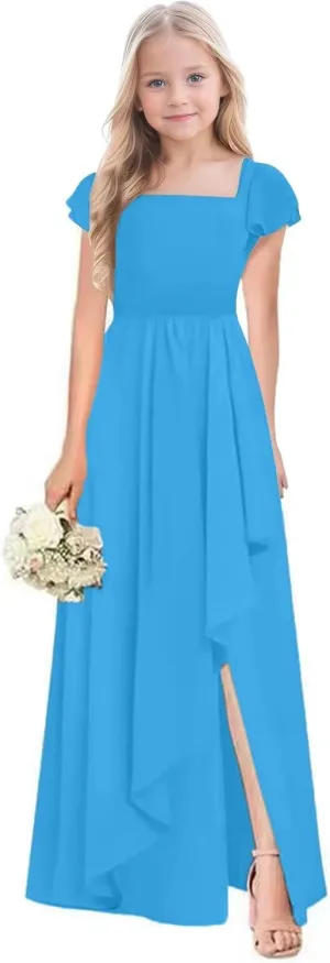 Junior Bridesmaid Dresses for Girls Chiffon Short Sleeve Flower Girl Dress for Wedding Party Pageant Gown