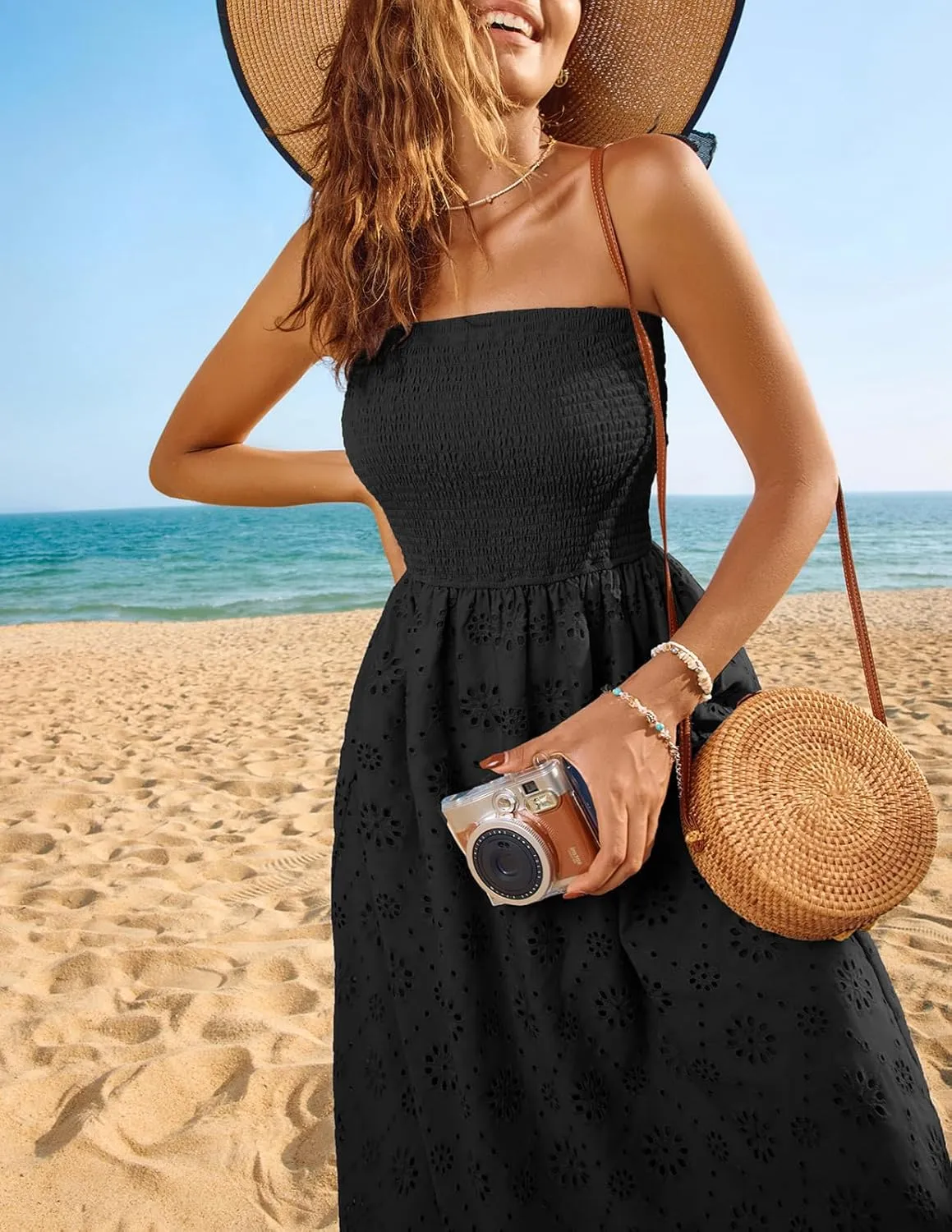 Kate Kasin Women's Summer Strapless Dress Off Shoulder Smocked Casual A Line Eyelet Beach Wedding Guest Midi Dress