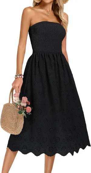 Kate Kasin Women's Summer Strapless Dress Off Shoulder Smocked Casual A Line Eyelet Beach Wedding Guest Midi Dress