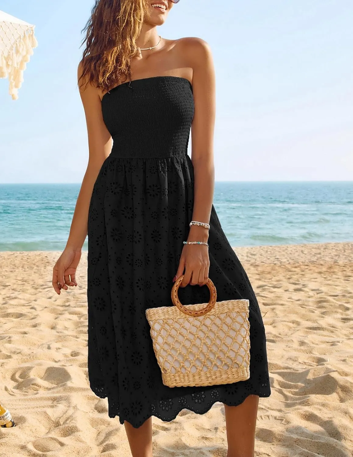 Kate Kasin Women's Summer Strapless Dress Off Shoulder Smocked Casual A Line Eyelet Beach Wedding Guest Midi Dress