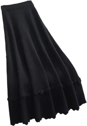 Knitted Ruffle Skirt Autumn Winter Long A-Line Skirt Women Black Elastic High Waist Wool Warm Midi Pleated Skirt