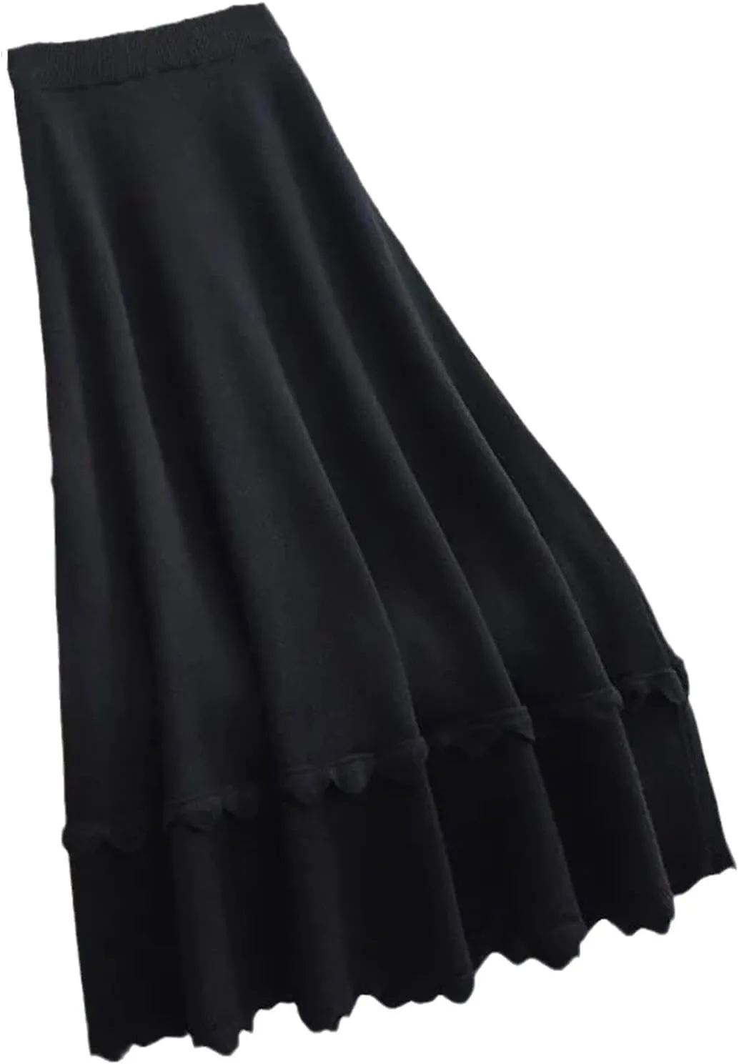 Knitted Ruffle Skirt Autumn Winter Long A-Line Skirt Women Black Elastic High Waist Wool Warm Midi Pleated Skirt