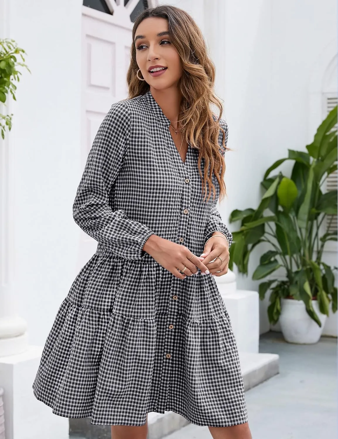 KOJOOIN Women's Casual Sleeve V Neck Boho Floral Print Ruffle Midi Fall Flowy Long Dress