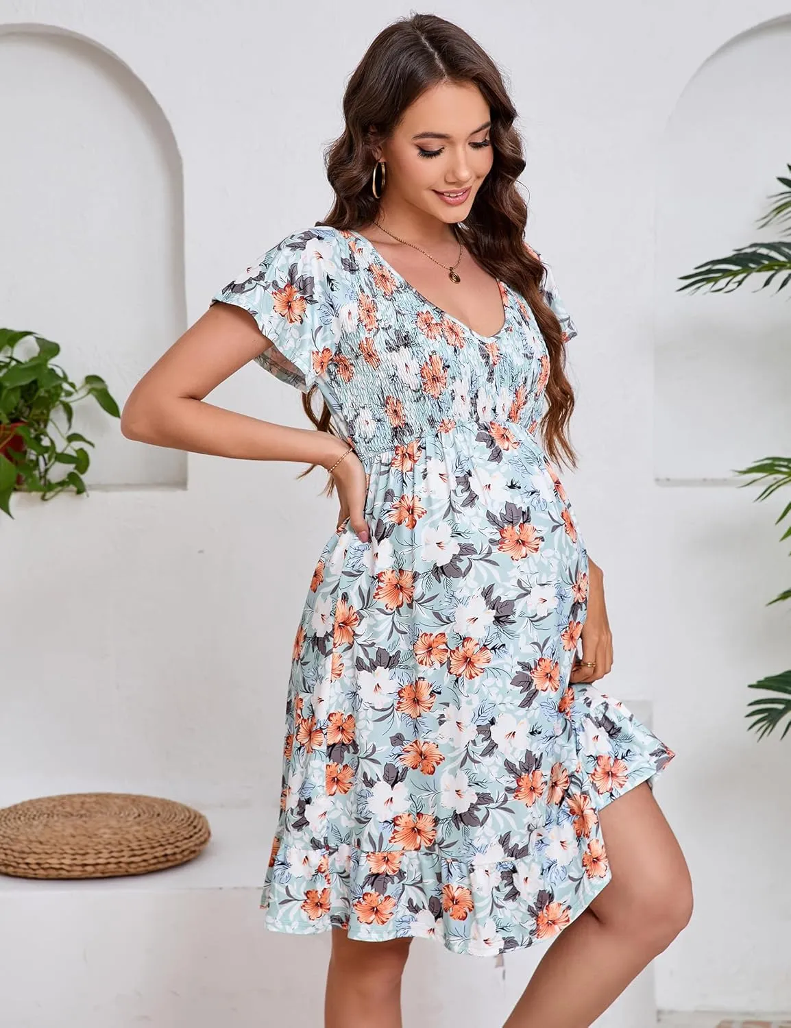 KOJOOIN Women's Maternity Smocked Short Sleeve Summer Dress V Neck Boho Ruffle Casual Swing Midi Dress Baby Shower Photoshoot