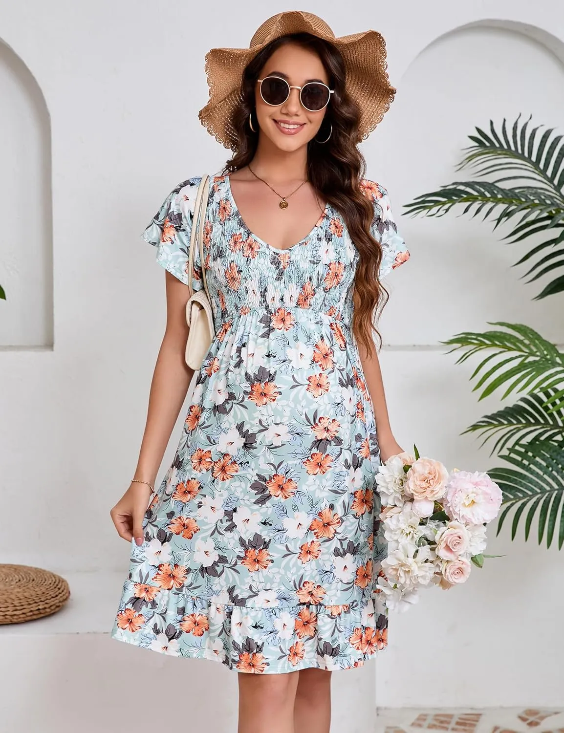 KOJOOIN Women's Maternity Smocked Short Sleeve Summer Dress V Neck Boho Ruffle Casual Swing Midi Dress Baby Shower Photoshoot