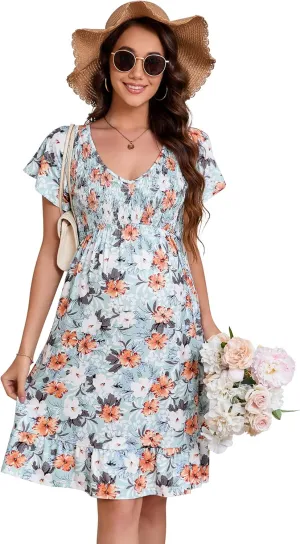 KOJOOIN Women's Maternity Smocked Short Sleeve Summer Dress V Neck Boho Ruffle Casual Swing Midi Dress Baby Shower Photoshoot