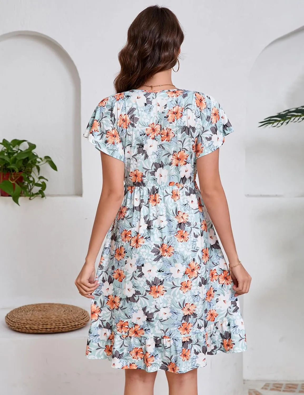KOJOOIN Women's Maternity Smocked Short Sleeve Summer Dress V Neck Boho Ruffle Casual Swing Midi Dress Baby Shower Photoshoot