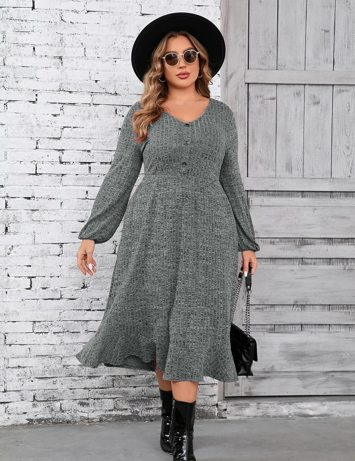 KOJOOIN Women's Plus Size Sweater Dress V-Neck Long Sleeve Fall Dresses Ribbed Knit Sweater Dress with Pockets