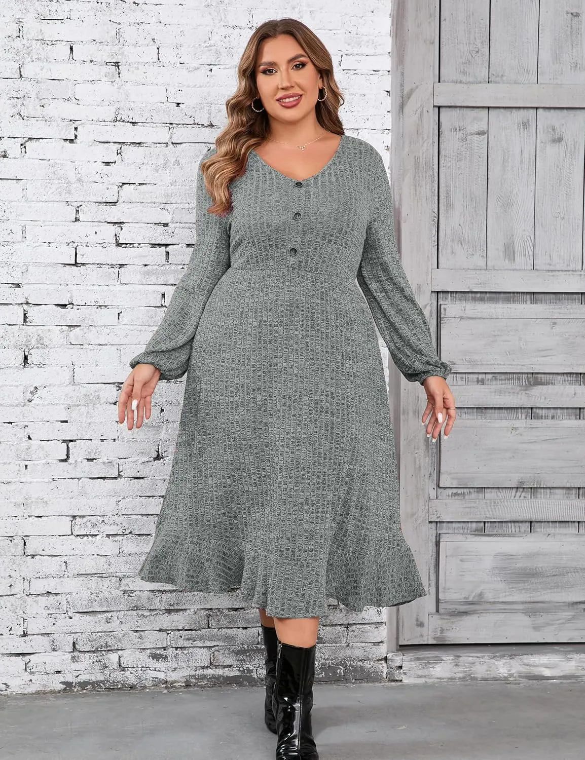 KOJOOIN Women's Plus Size Sweater Dress V-Neck Long Sleeve Fall Dresses Ribbed Knit Sweater Dress with Pockets