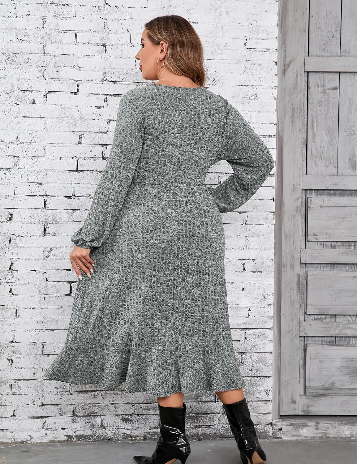 KOJOOIN Women's Plus Size Sweater Dress V-Neck Long Sleeve Fall Dresses Ribbed Knit Sweater Dress with Pockets