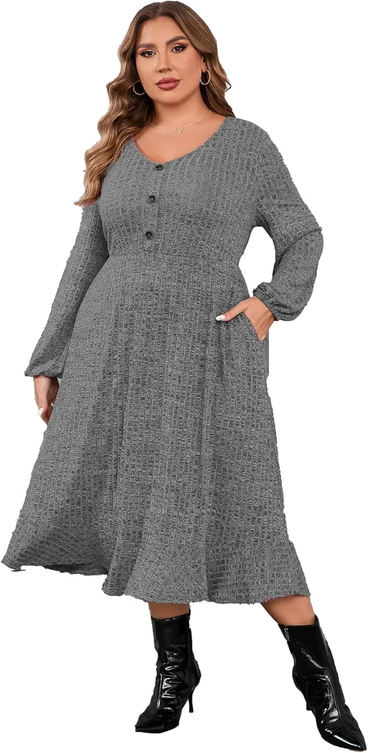 KOJOOIN Women's Plus Size Sweater Dress V-Neck Long Sleeve Fall Dresses Ribbed Knit Sweater Dress with Pockets