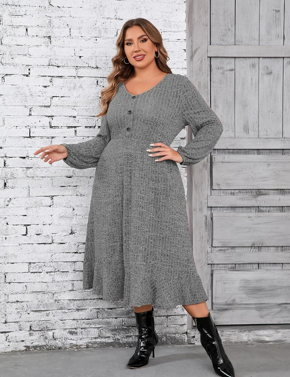 KOJOOIN Women's Plus Size Sweater Dress V-Neck Long Sleeve Fall Dresses Ribbed Knit Sweater Dress with Pockets