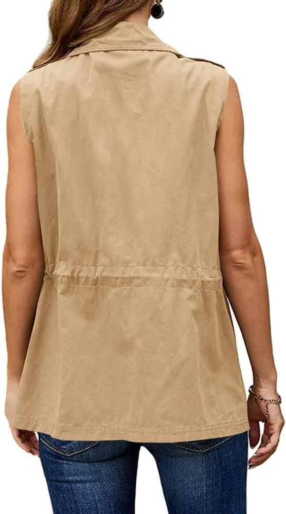 Koodred Women's Casual Military Utility Vest Lightweight Sleeveless Drawstring Jackets with Pockets