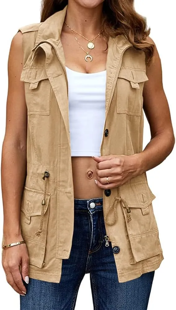 Koodred Women's Casual Military Utility Vest Lightweight Sleeveless Drawstring Jackets with Pockets
