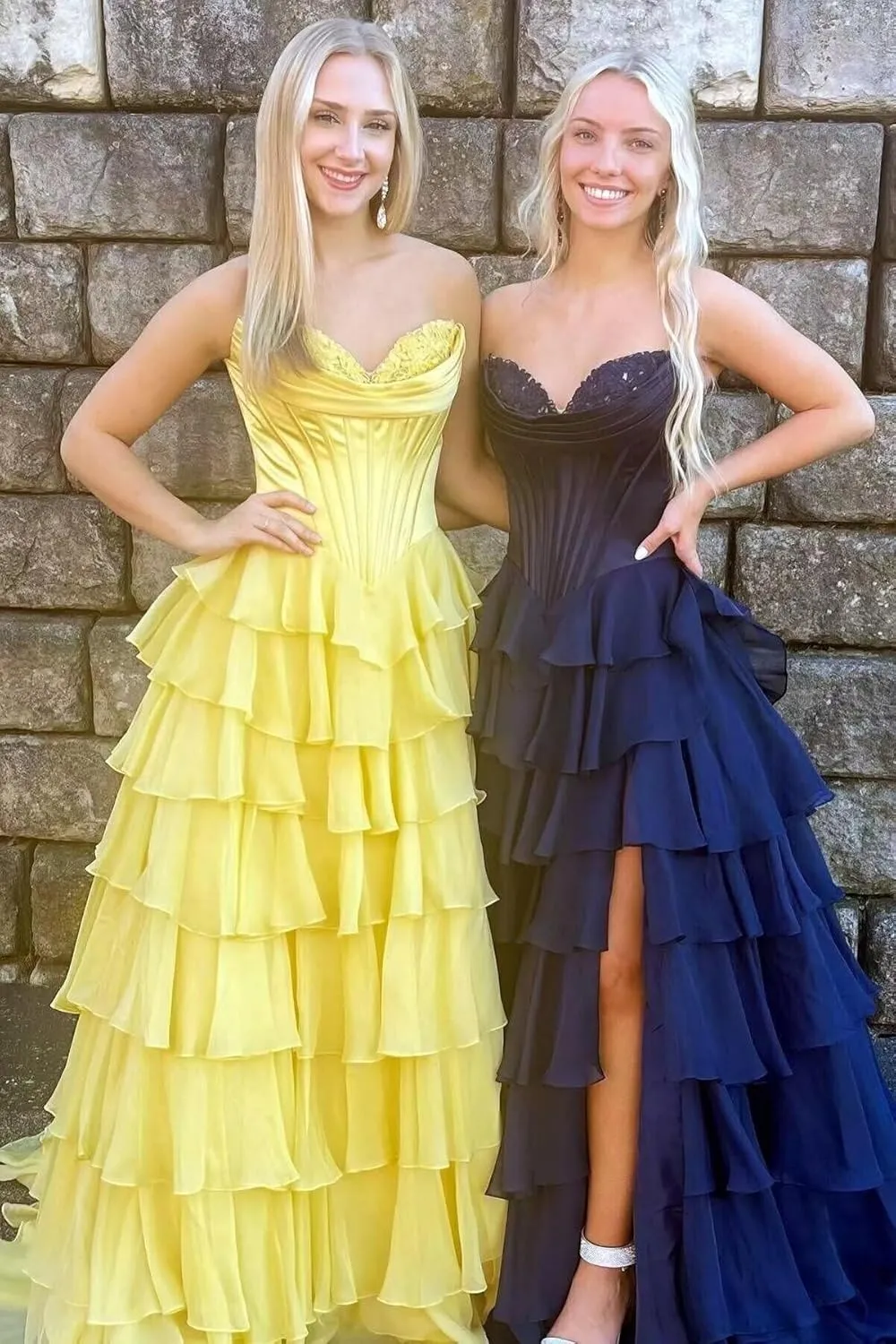 Kyeuan Strapless Tiered Chiffon Prom Dresses for Women Empire Waist Formal Dress Off Shoulder Satin Cocktail Dress with Slit