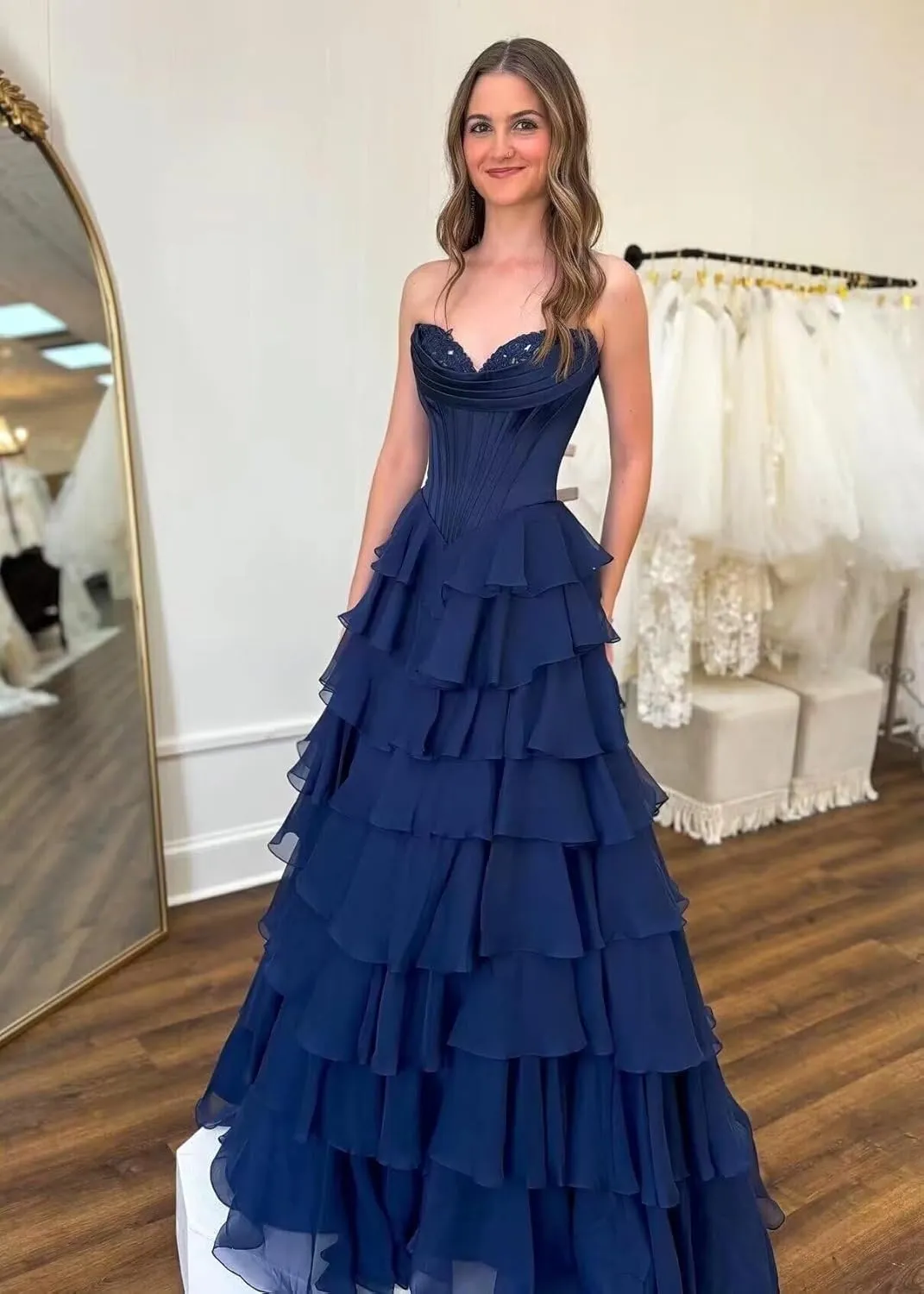 Kyeuan Strapless Tiered Chiffon Prom Dresses for Women Empire Waist Formal Dress Off Shoulder Satin Cocktail Dress with Slit