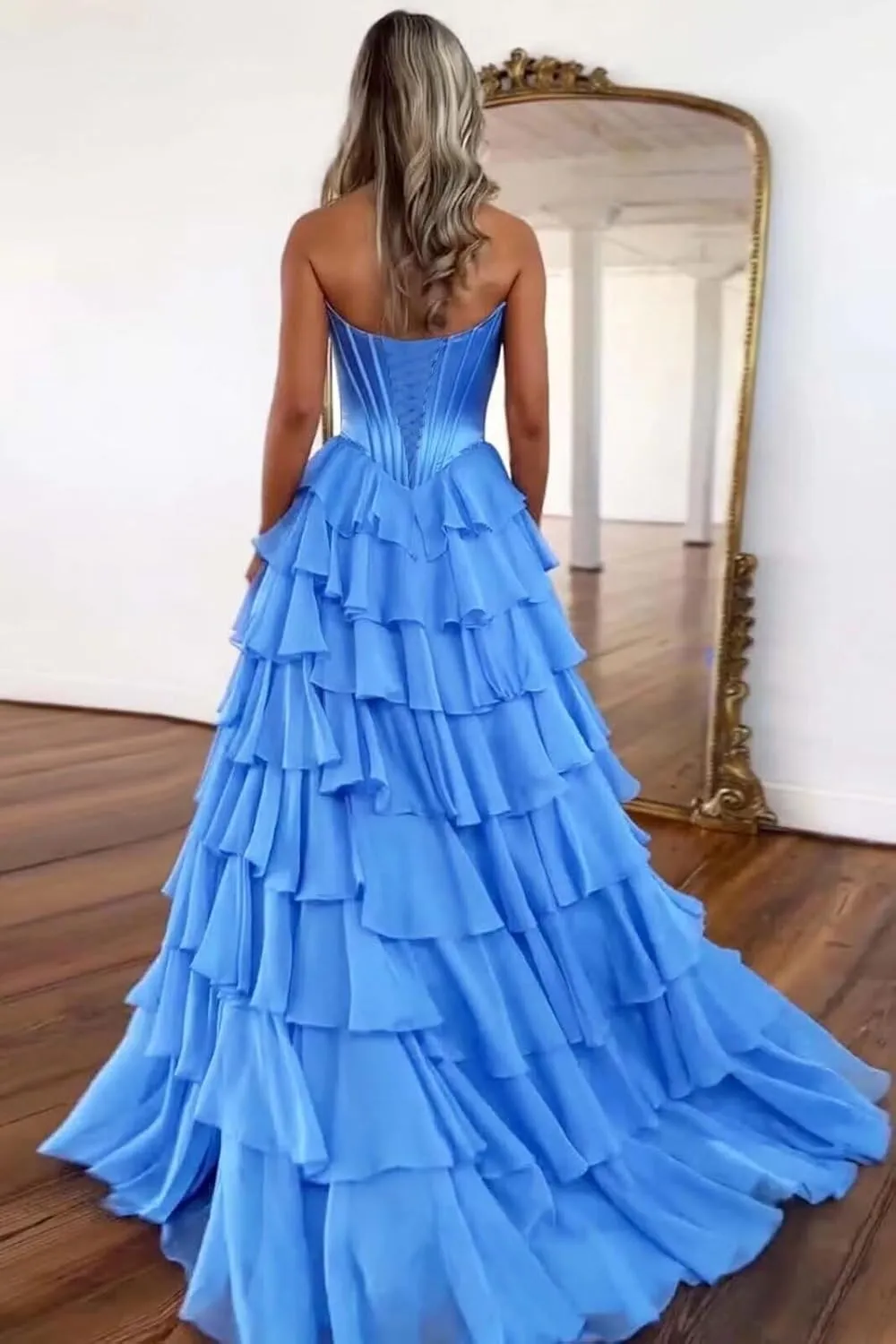 Kyeuan Strapless Tiered Chiffon Prom Dresses for Women Empire Waist Formal Dress Off Shoulder Satin Cocktail Dress with Slit