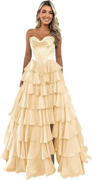 Kyeuan Strapless Tiered Chiffon Prom Dresses for Women Empire Waist Formal Dress Off Shoulder Satin Cocktail Dress with Slit