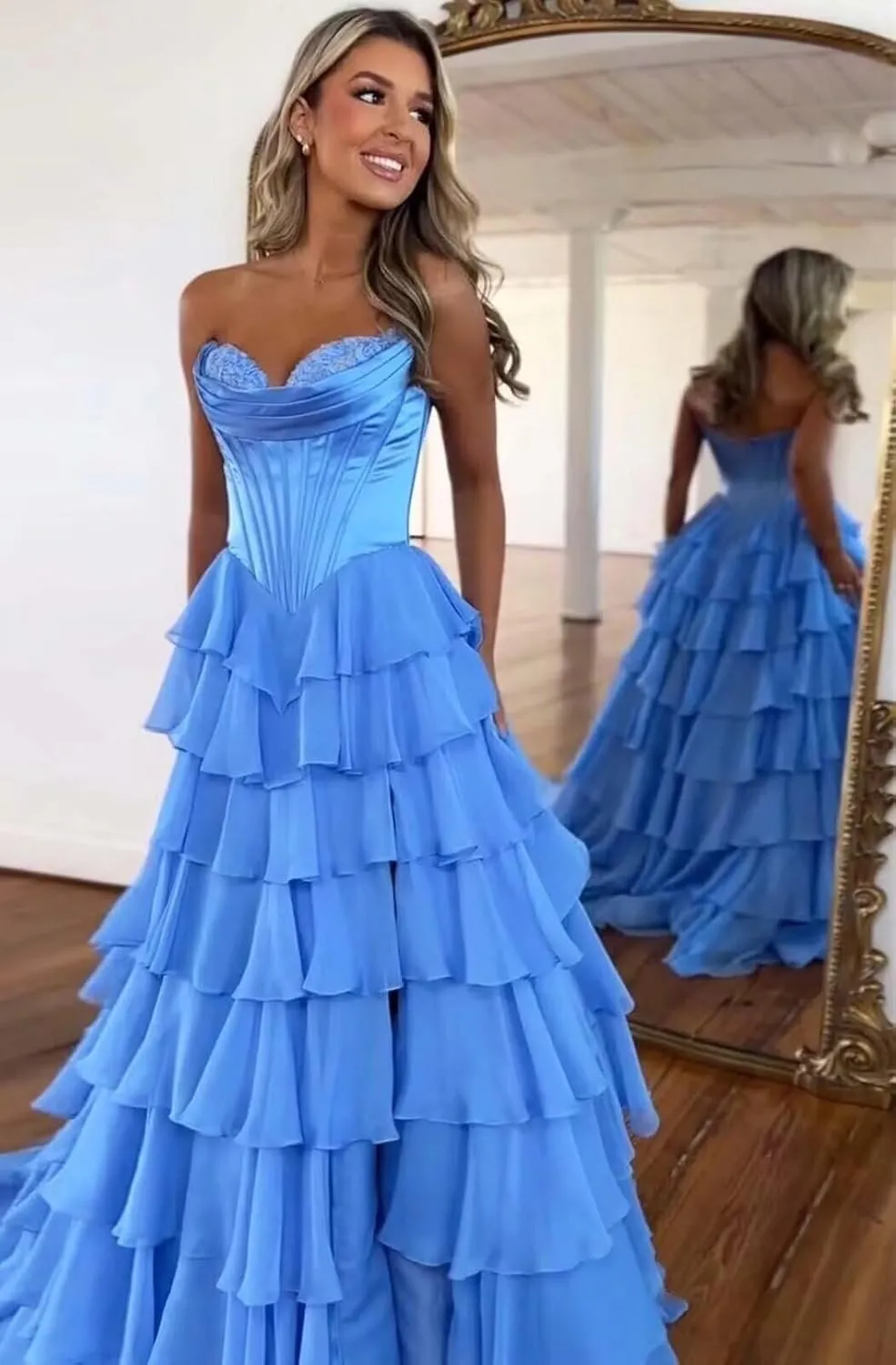 Kyeuan Strapless Tiered Chiffon Prom Dresses for Women Empire Waist Formal Dress Off Shoulder Satin Cocktail Dress with Slit
