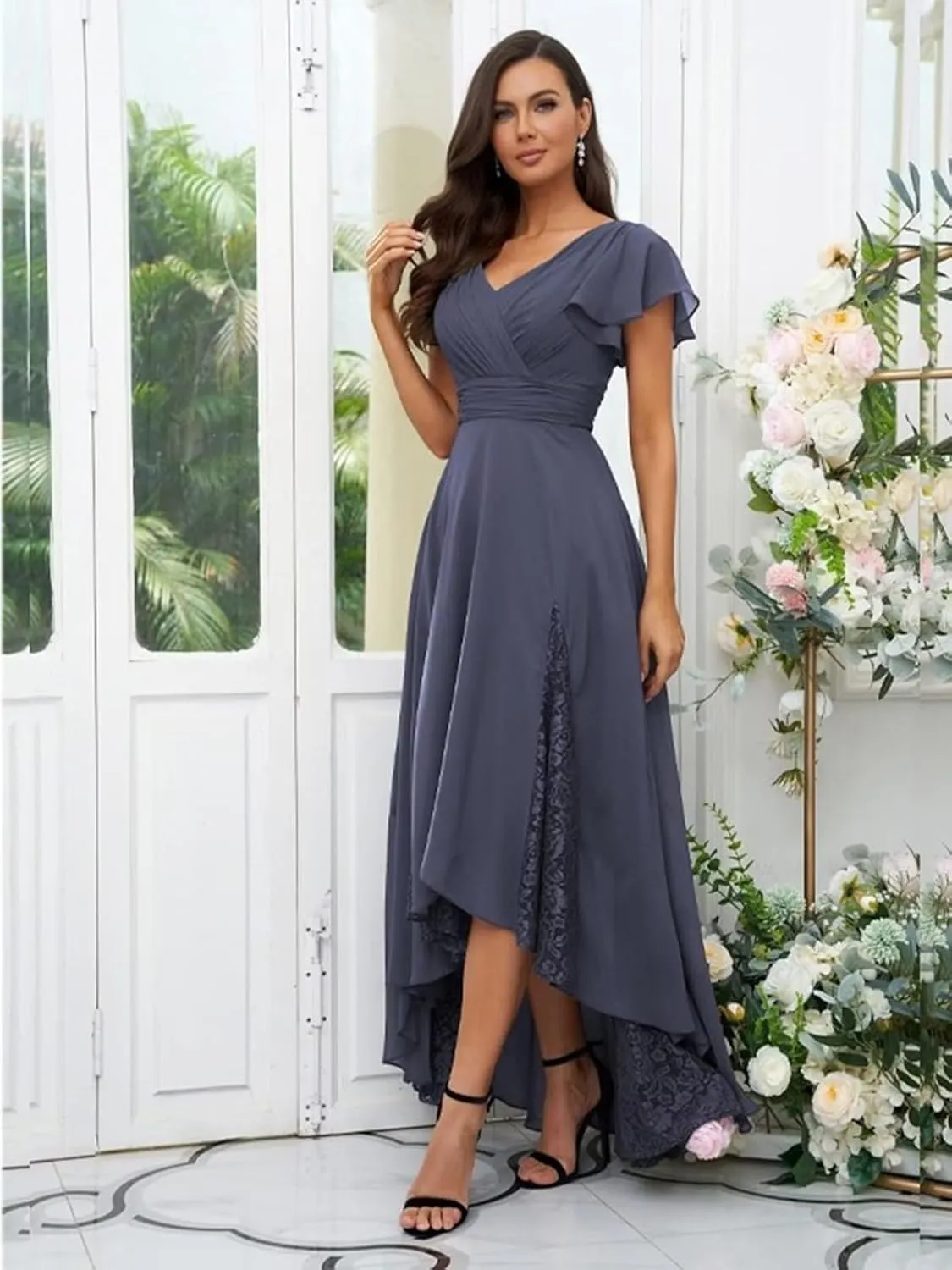 Lace Appliques Mother of The Bride Dresses for Wedding Tea Length High Low Bridesmaid Dresses with Sleeves