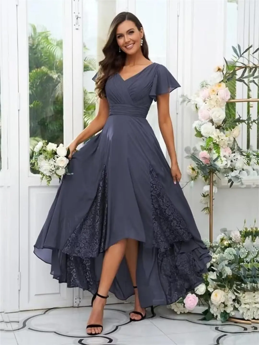 Lace Appliques Mother of The Bride Dresses for Wedding Tea Length High Low Bridesmaid Dresses with Sleeves