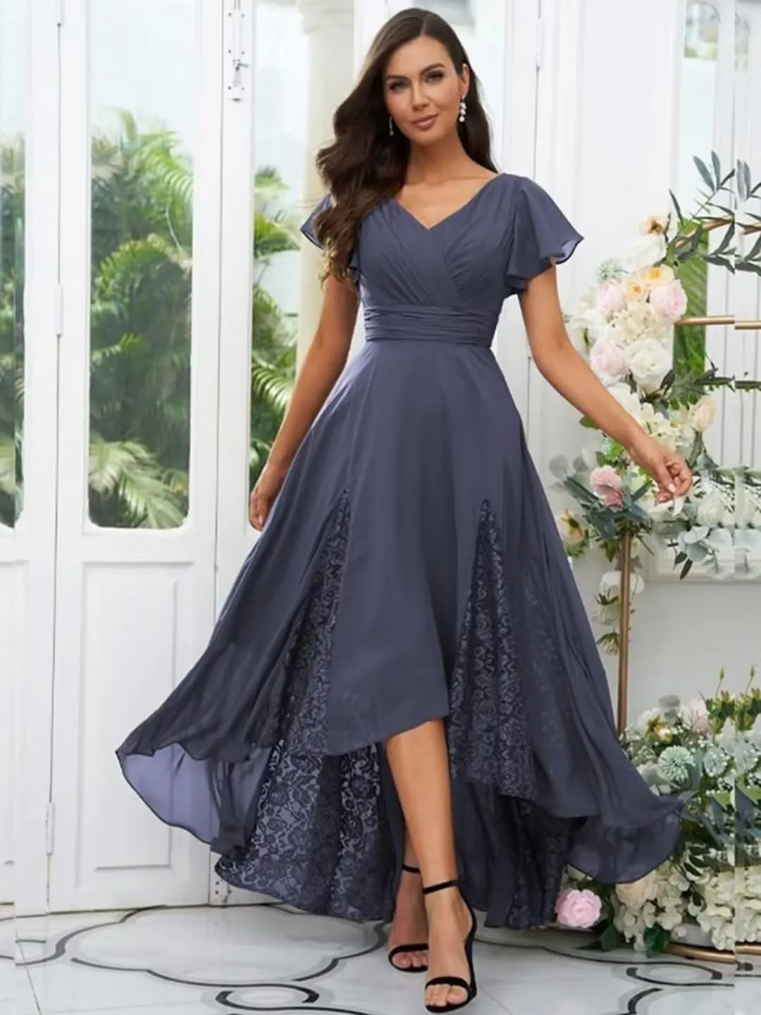 Lace Appliques Mother of The Bride Dresses for Wedding Tea Length High Low Bridesmaid Dresses with Sleeves