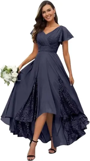 Lace Appliques Mother of The Bride Dresses for Wedding Tea Length High Low Bridesmaid Dresses with Sleeves
