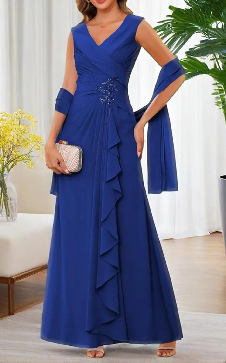 Lace Appliques Mother of The Bride Dresses for Wedding V Neck Formal Evening Party Gown