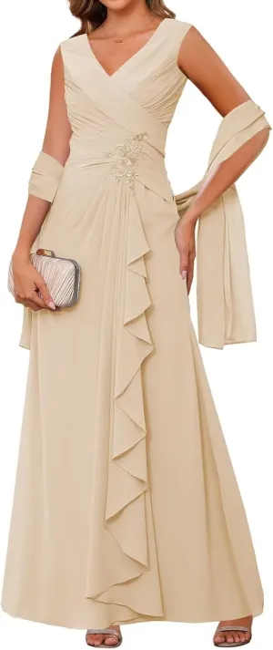 Lace Appliques Mother of The Bride Dresses for Wedding V Neck Formal Evening Party Gown