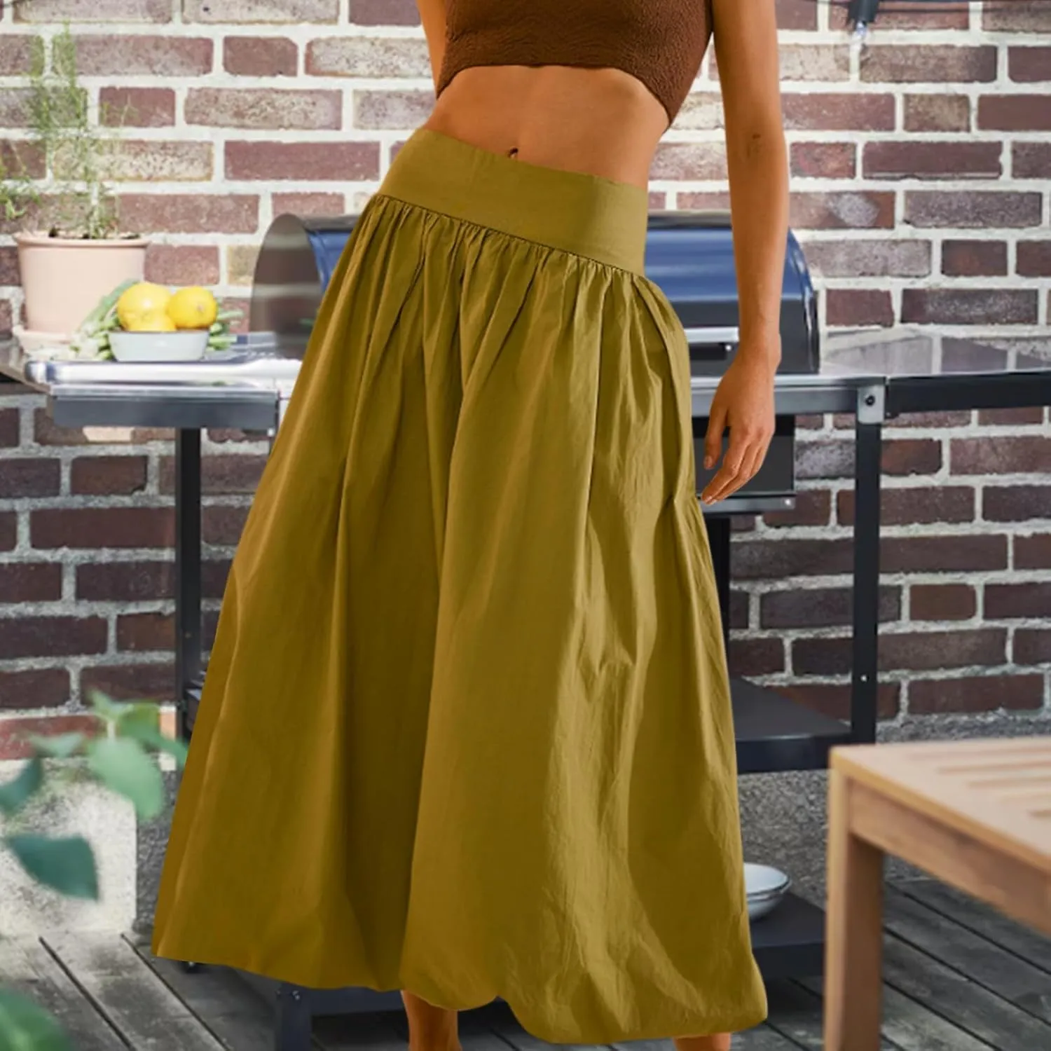 LAVASEON Women Ruffle Bubble Maxi Skirt Y2K High Elastic Waist A Line Pleated Summer Long Fair Skirt