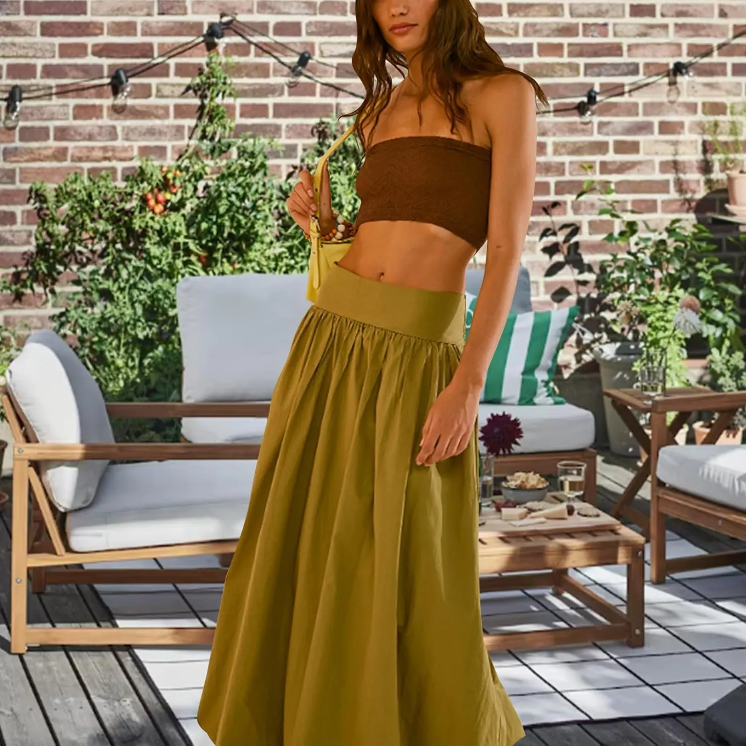 LAVASEON Women Ruffle Bubble Maxi Skirt Y2K High Elastic Waist A Line Pleated Summer Long Fair Skirt