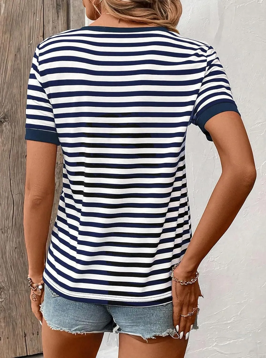 LilyCoco Women's Striped Shirt Short Sleeve Color Block Tops Notched Neck Summer Tee