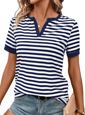 LilyCoco Women's Striped Shirt Short Sleeve Color Block Tops Notched Neck Summer Tee