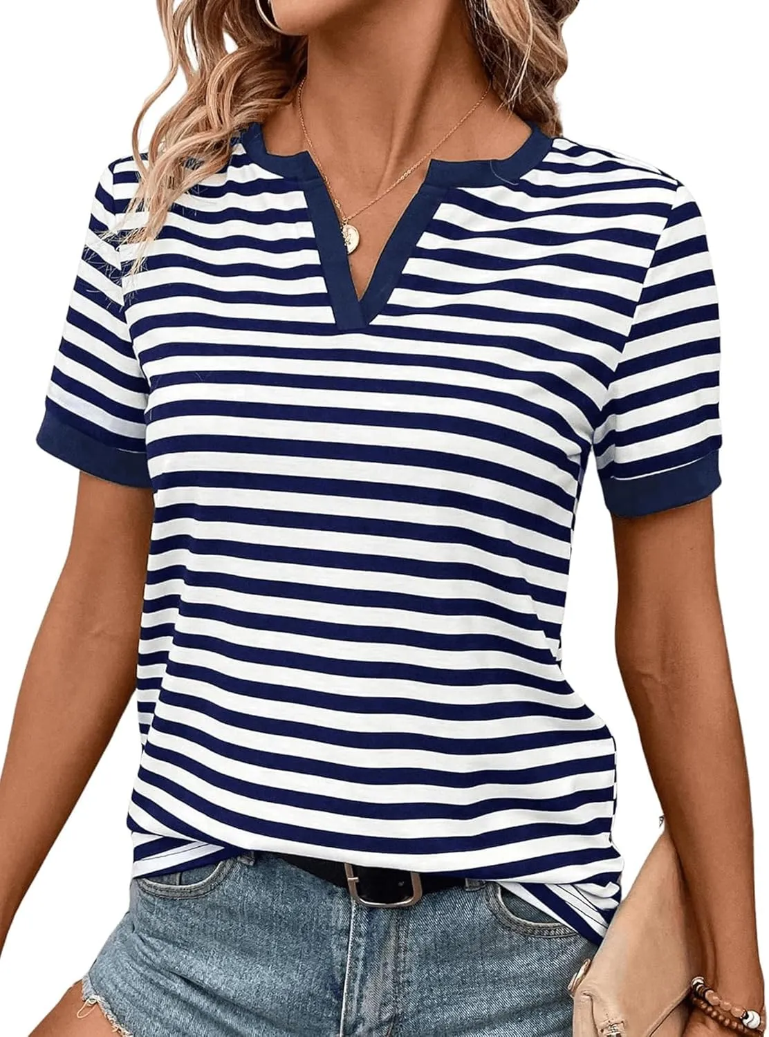 LilyCoco Women's Striped Shirt Short Sleeve Color Block Tops Notched Neck Summer Tee