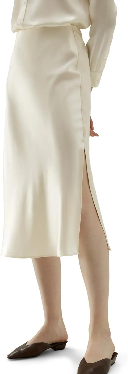LilySilk Womens Silk Skirt with Slit 100% Smooth Midi Skirt for Spring Summer