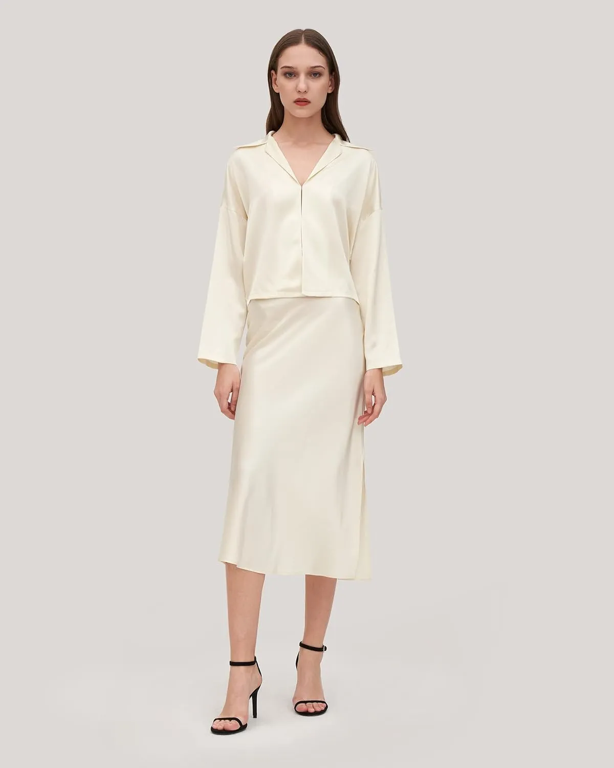 LilySilk Womens Silk Skirt with Slit 100% Smooth Midi Skirt for Spring Summer