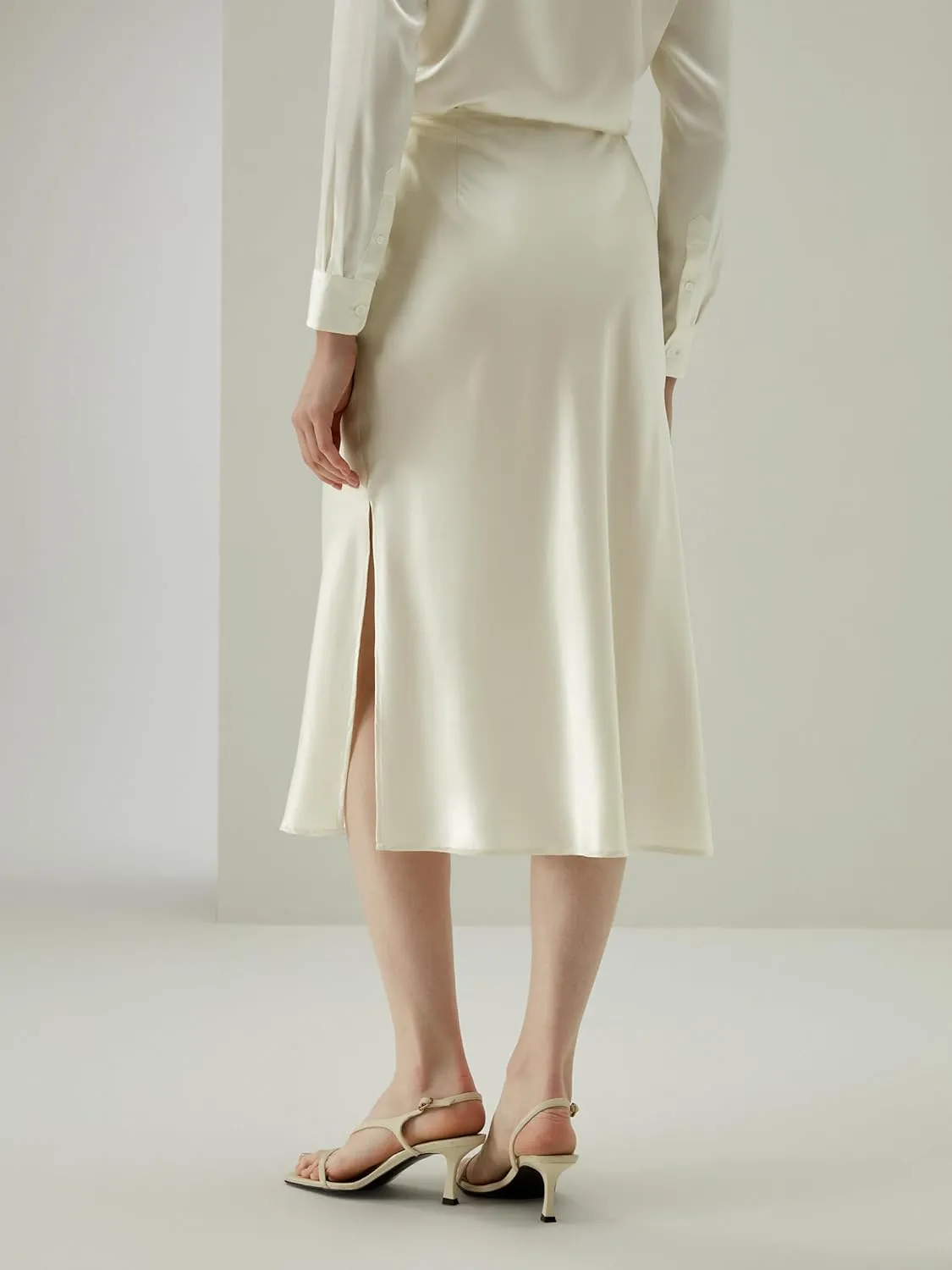 LilySilk Womens Silk Skirt with Slit 100% Smooth Midi Skirt for Spring Summer