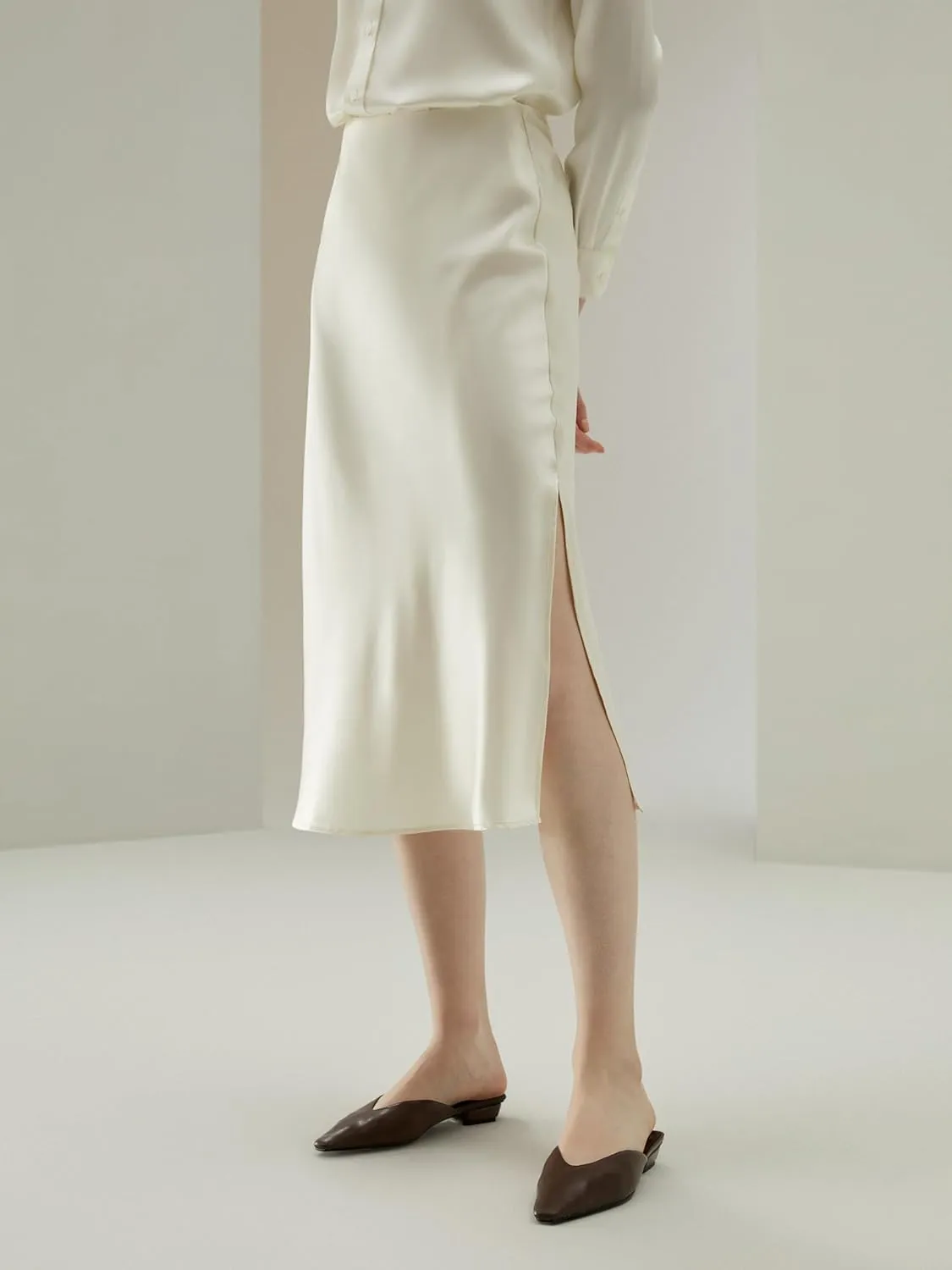 LilySilk Womens Silk Skirt with Slit 100% Smooth Midi Skirt for Spring Summer