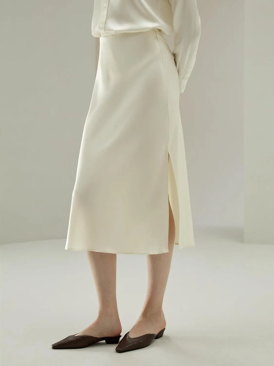 LilySilk Womens Silk Skirt with Slit 100% Smooth Midi Skirt for Spring Summer