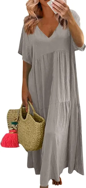 Linen Dress Women Summer Short Sleeve Tiered Maxi Plus Size Dresses Flowy Tshirt V Neck Beach Empire Waist Dress